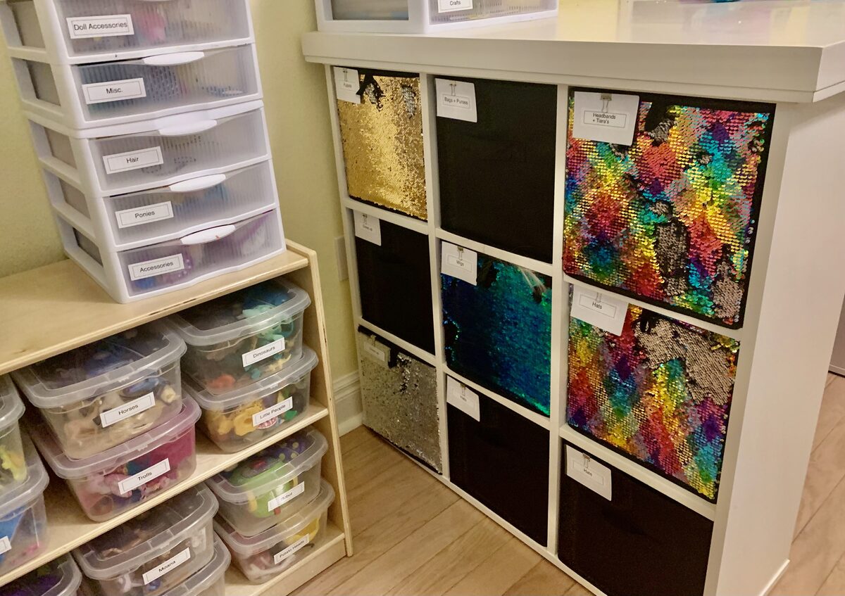 Children's bedroom with labeled toy bins and low-access shelving for independence — Simply Spacial ADHD-friendly organizer, Lakewood Ranch