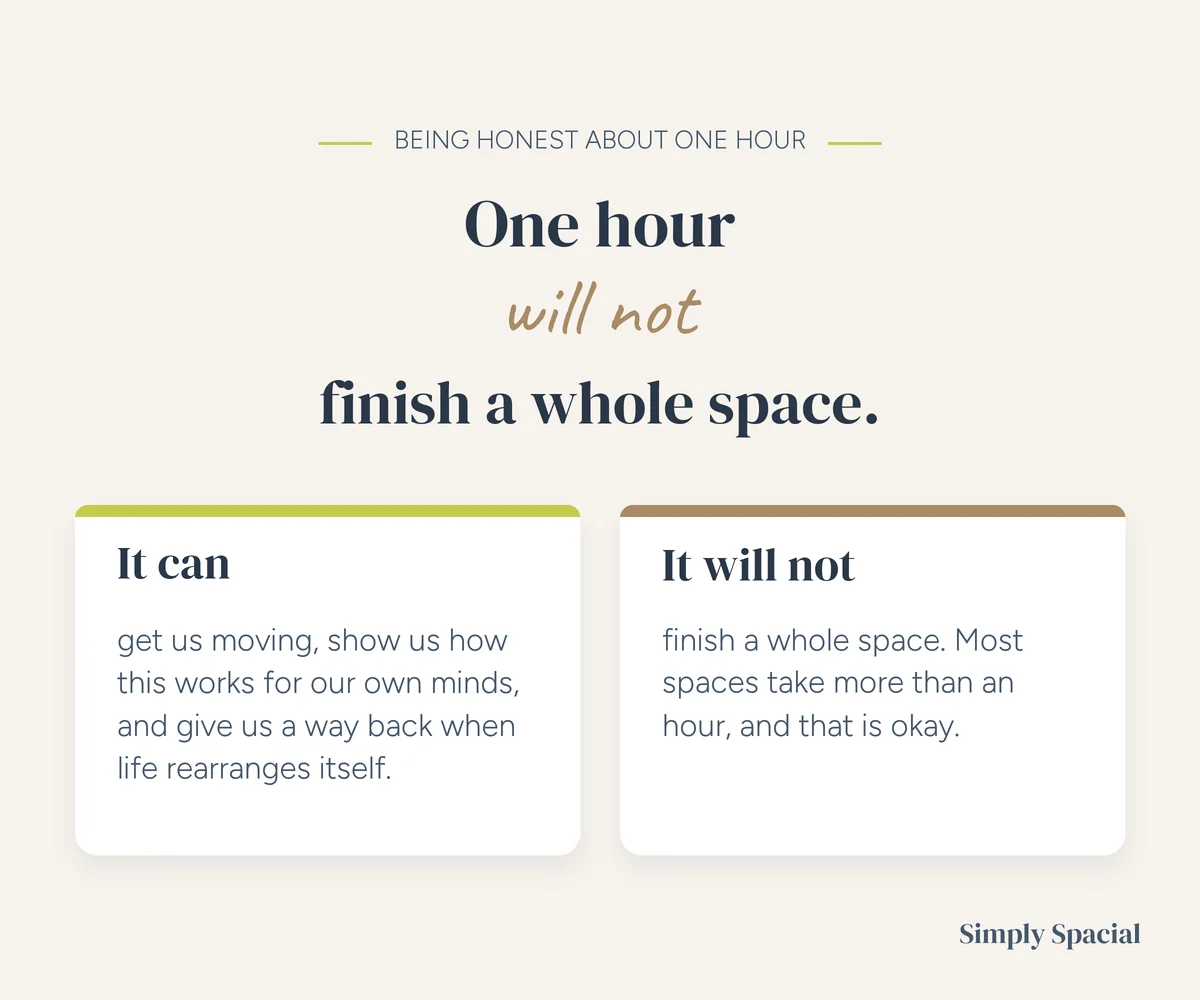 One hour will not finish a whole space. It can get us moving and give us a way back.